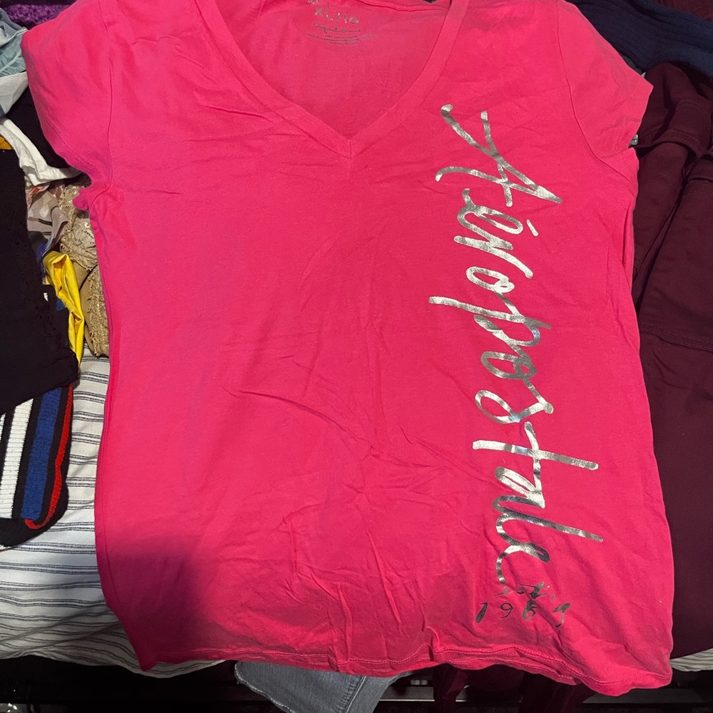 Aeropostale Women's V-Neck Graphic Tee - Hot Pink with Silver Logo